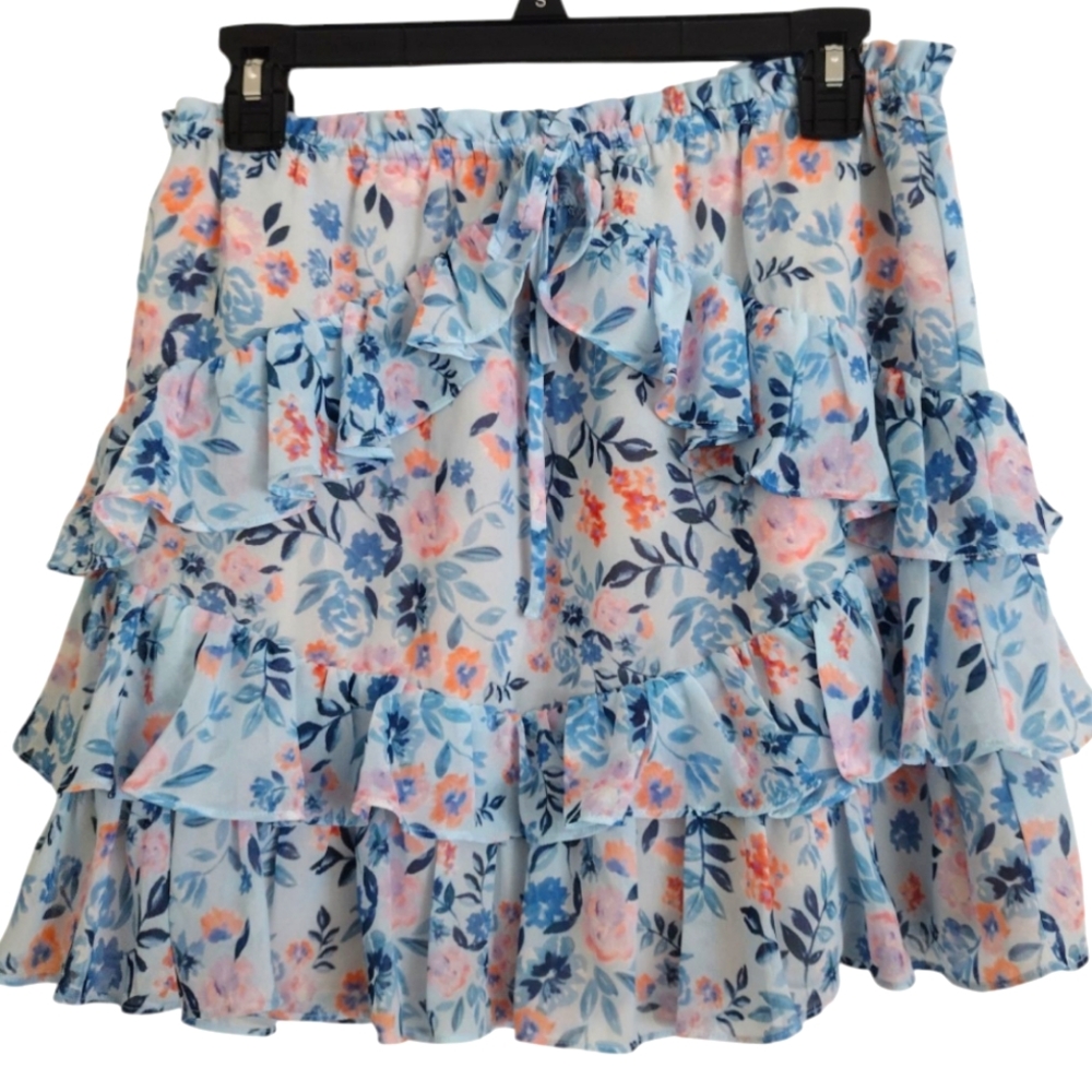 Lovers + Friends Jana Ruffle Skirt Meadow Floral Blue Peach Size Medium